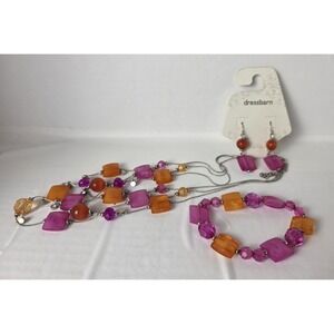 Pink Orange Statement Bead Silver Tone Stylish Fashion Necklace Set